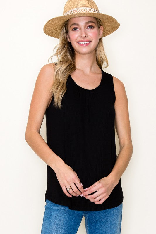 Solid Sleeveless Ribbed Round Gathered Neck Top