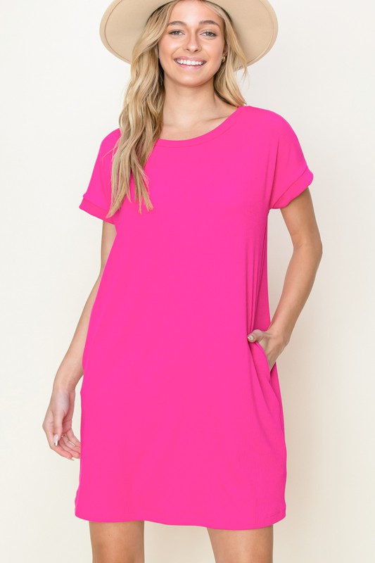 Solid Ribbed Round Neck Dress