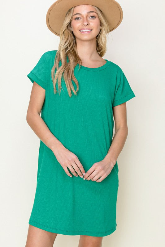 Solid Ribbed Round Neck Dress