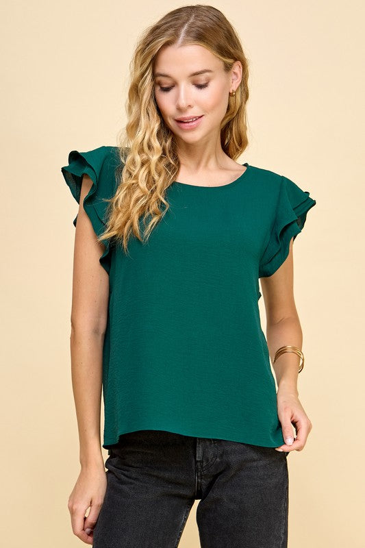 Solid Scoop Neck Double Ruffle Sleeve Top - Fall