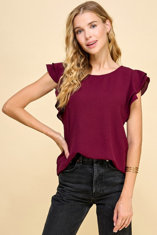 Solid Scoop Neck Double Ruffle Sleeve Top - Fall