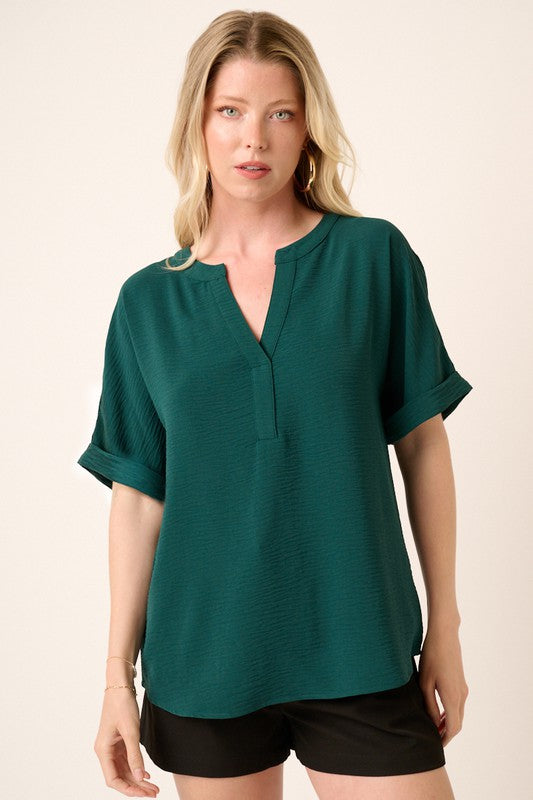 Solid V-Neck Placket Cuff Sleeve Top