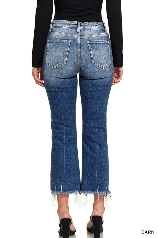 Kick Crop Flare Raw Hem Denim-Dark