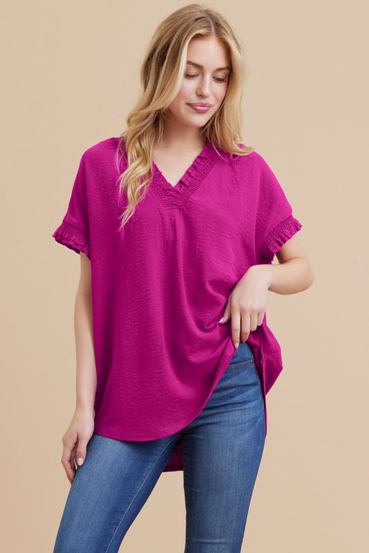 Solid Frill V-Neck & Sleeve Top