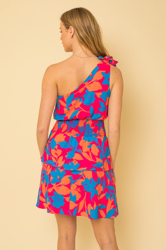 Floral Sleeveless One Shoulder Smocked Waist Dress- Fuchsia