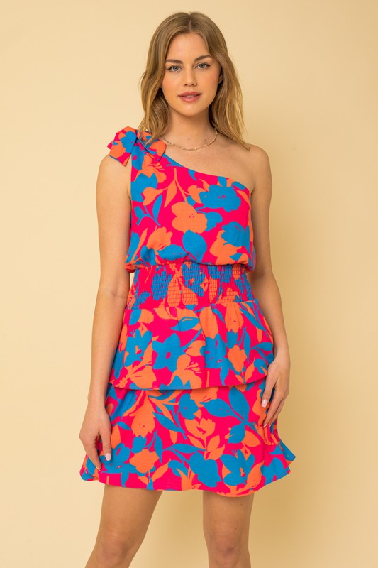 Floral Sleeveless One Shoulder Smocked Waist Dress- Fuchsia