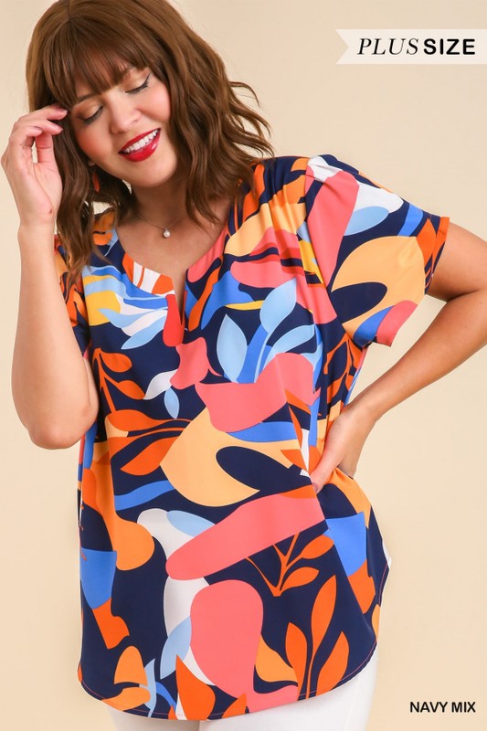 Abstract Print Notched Neck Top- Navy