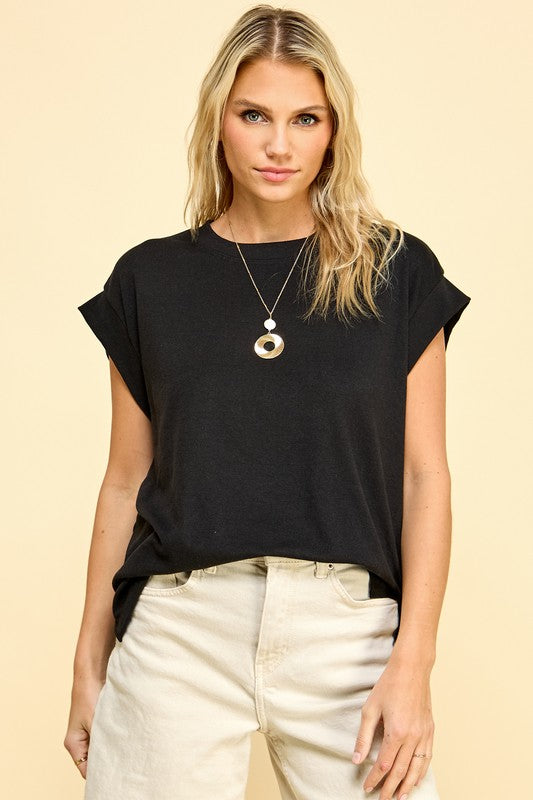 Solid Round Neck Banded Sleeve Top