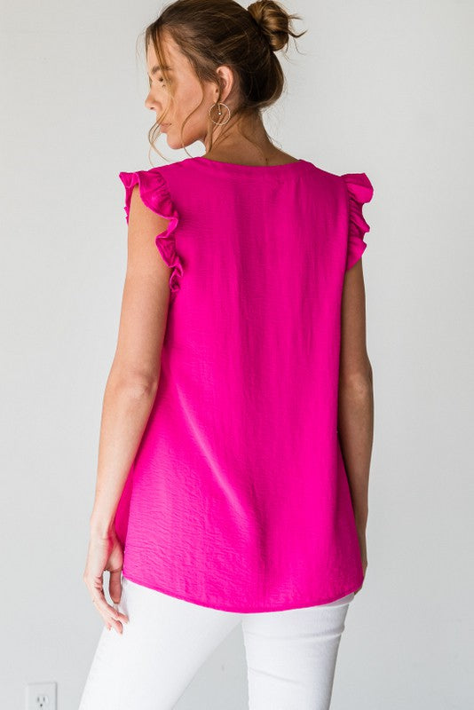 Solid V-Neck Ruffle Cap Sleeve Top