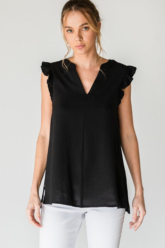Solid V-Neck Ruffle Cap Sleeve Top