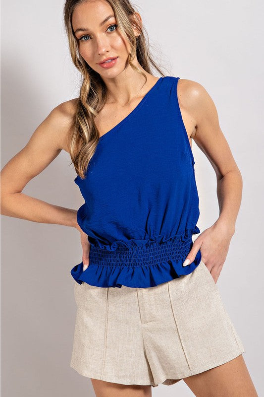 Solid Asymetrical Shoulder Ruffle Cinch Waist Top