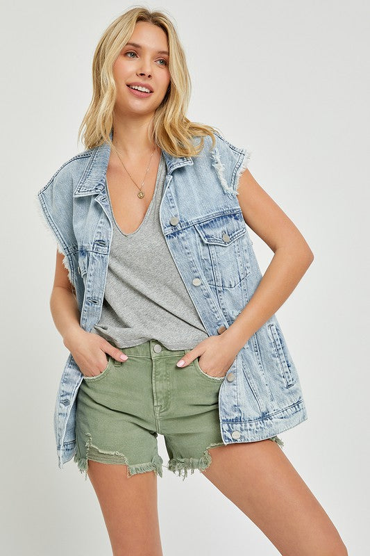 Distressed Oversized Denim Vest - Acid