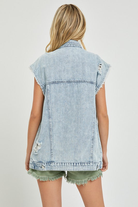 Distressed Oversized Denim Vest - Acid