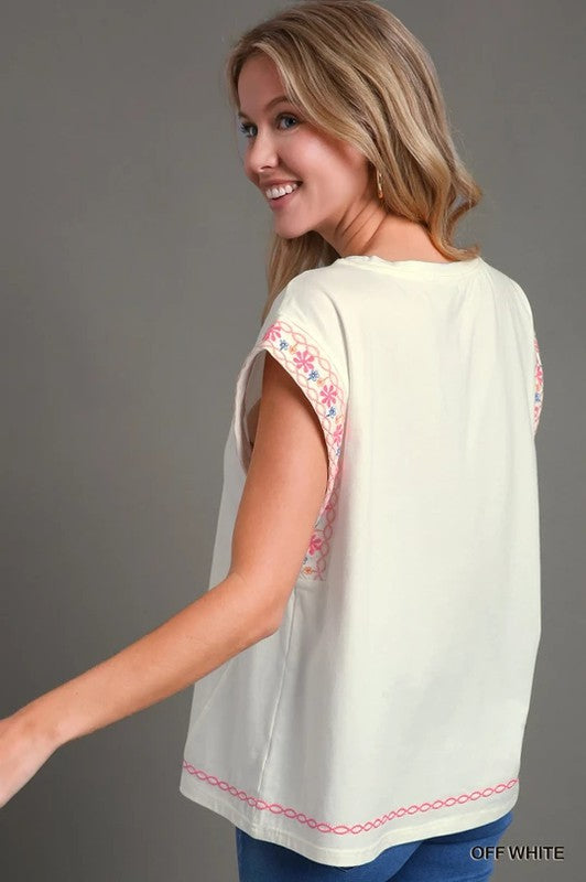 Solid Top w/ Edge Embroidery- Off White