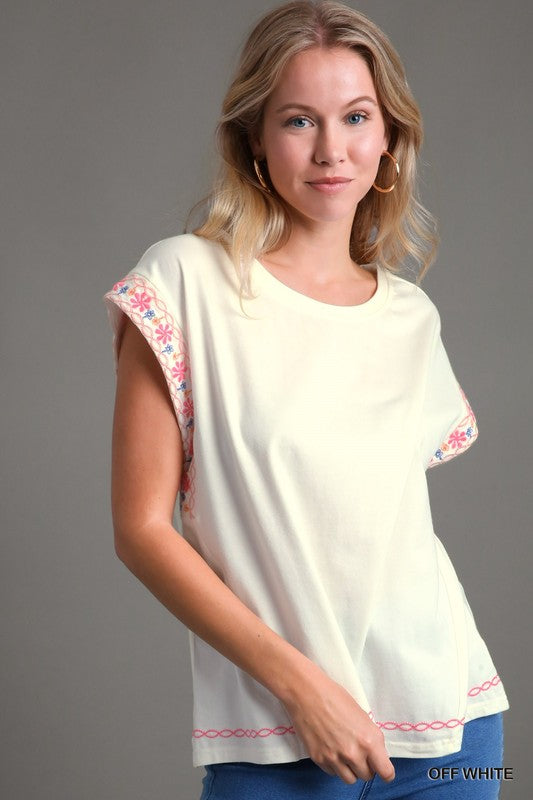 Solid Top w/ Edge Embroidery- Off White