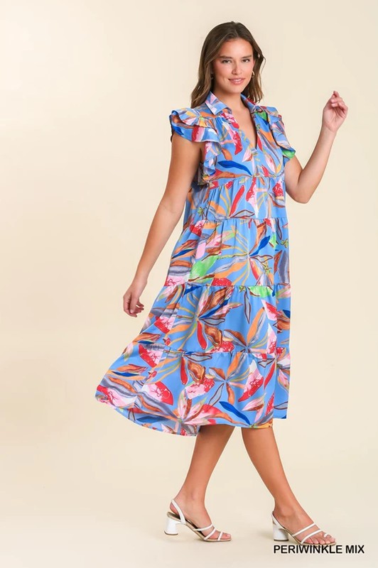 Tropical Floral Collared V-Neck Tiered Midi Dress- Periwinkle