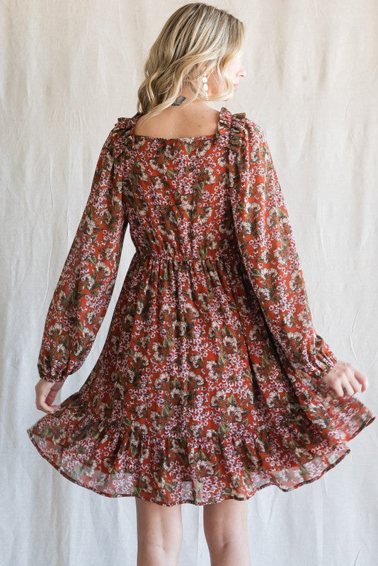 Floral Chiffon Smocked Top Long Sleeve Dress - Rust