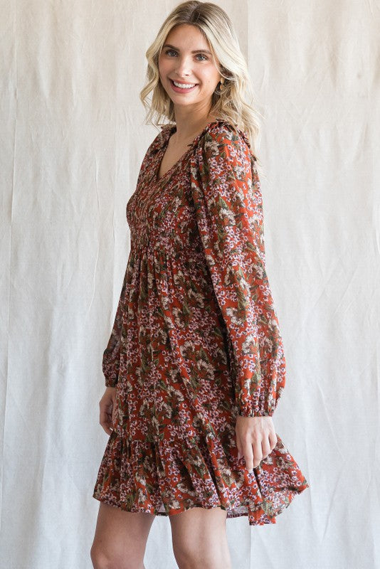 Floral Chiffon Smocked Top Long Sleeve Dress - Rust