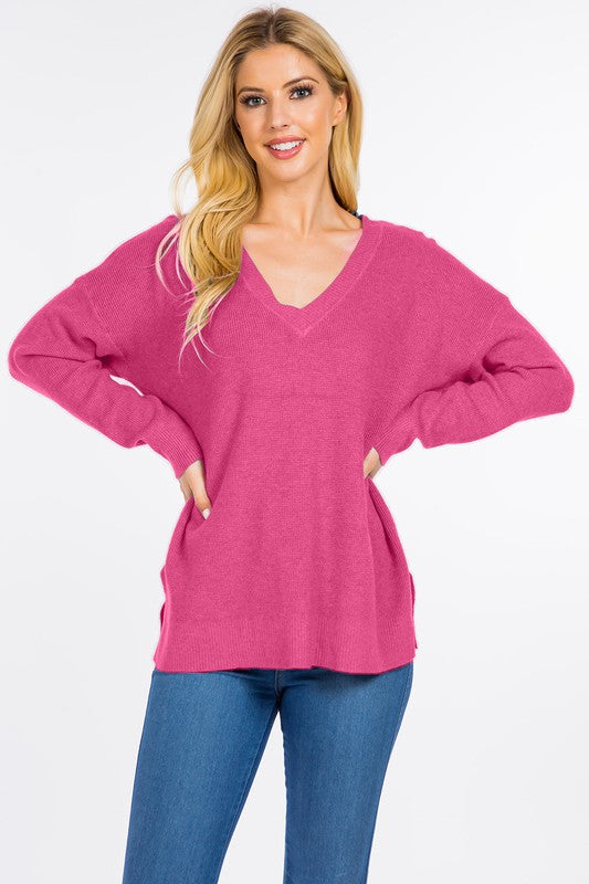 Solid Waffle Knit V-Neck Sweater