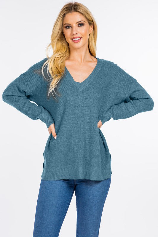 Solid Waffle Knit V-Neck Sweater