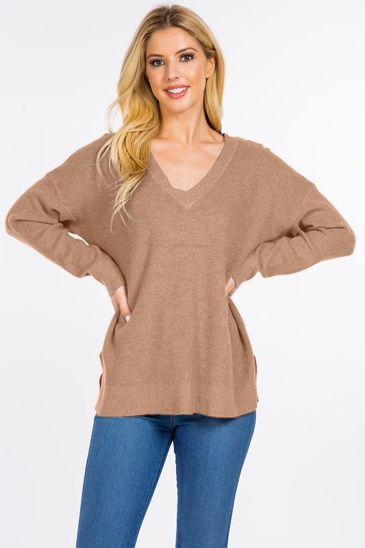 Solid Waffle Knit V-Neck Sweater