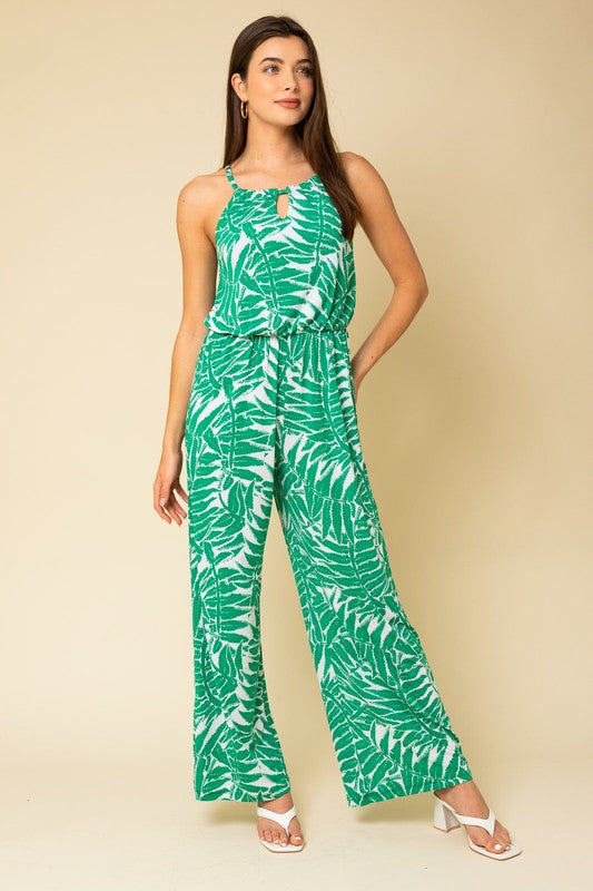 Fern Print Halter Tie Back Jumpsuit - Green