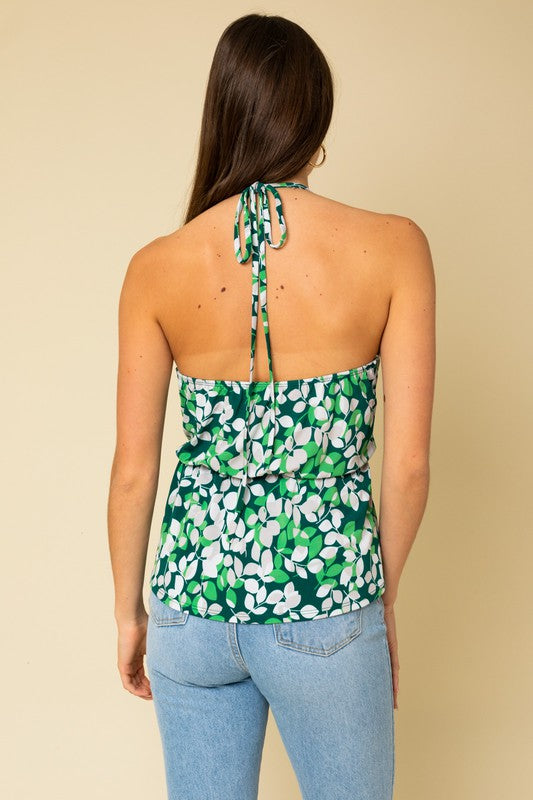 Leaf Print Gathered Waist Halter Top - Green