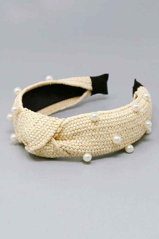 Woven Straw & Pearl Knotted Headband