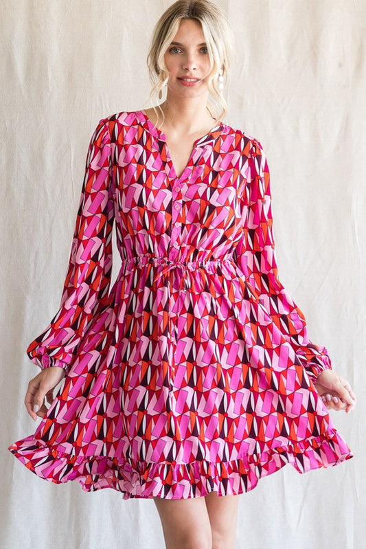 Geo Print Tie Waist Bubble Sleeve Dress-Pink