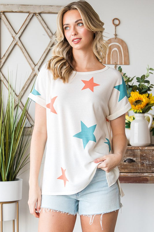 Thermal Star Print Short Sleeve Top- Off White