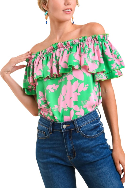 Satin Floral Off Shoulder Ruffled Top- Green