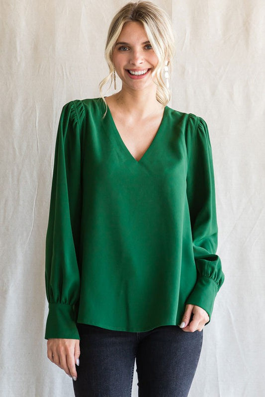 Solid V-Neck Peasant Long Sleeve Top