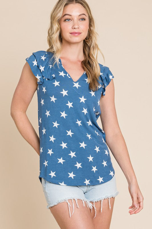 Star Print V-Neck Ruffle Sleeve Top-Navy