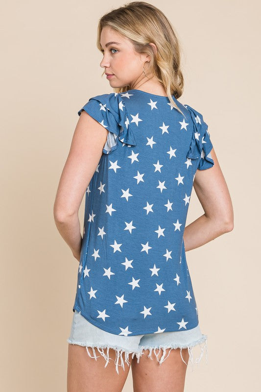 Star Print V-Neck Ruffle Sleeve Top-Navy