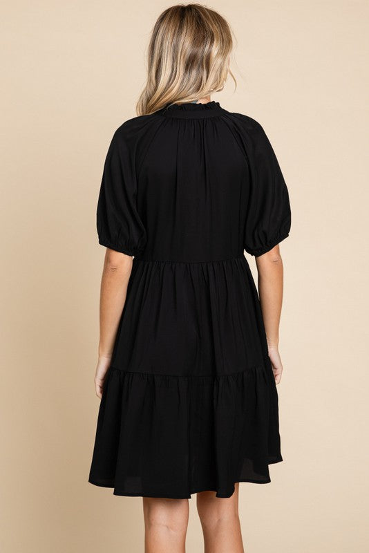 Solid V-Neck Tiered 1/2 Sleeve Dress - Black