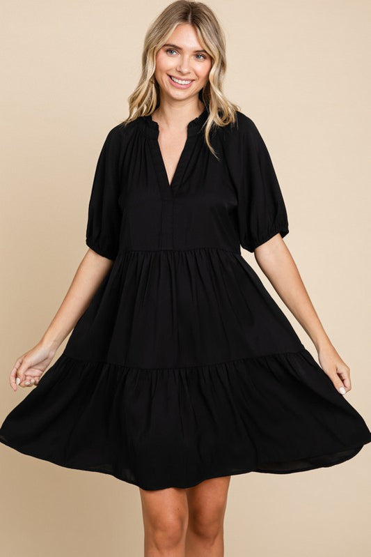 Solid V-Neck Tiered 1/2 Sleeve Dress - Black