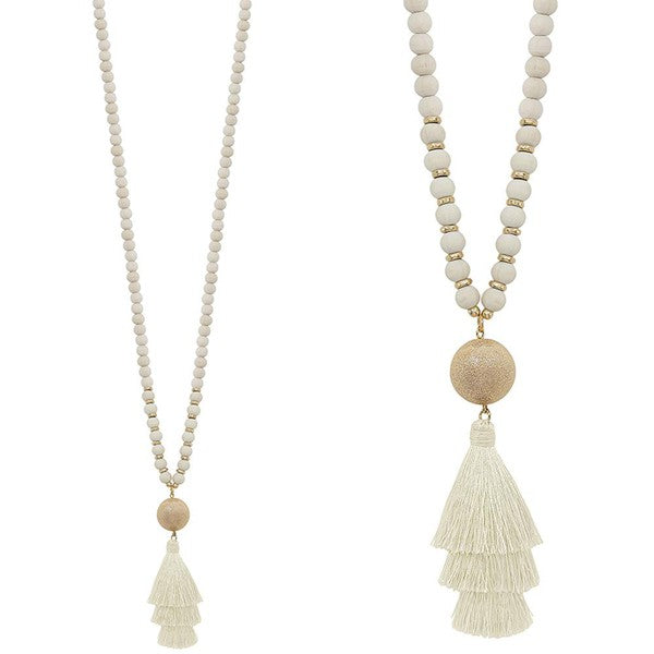 Wood & Gold Ball Tassel Necklace