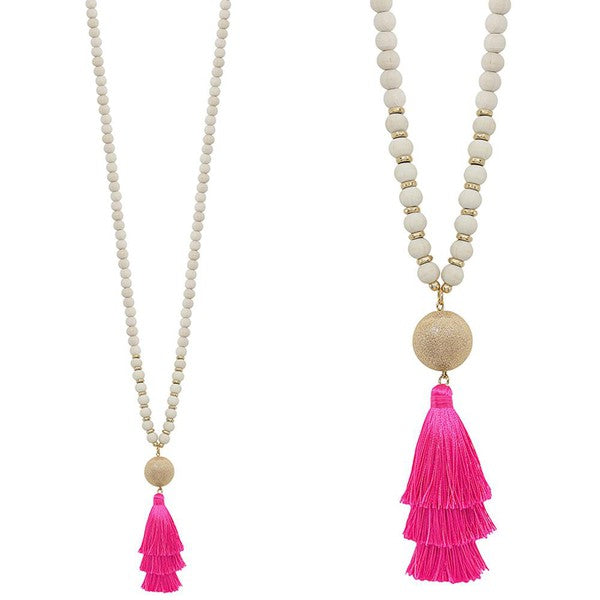 Wood & Gold Ball Tassel Necklace