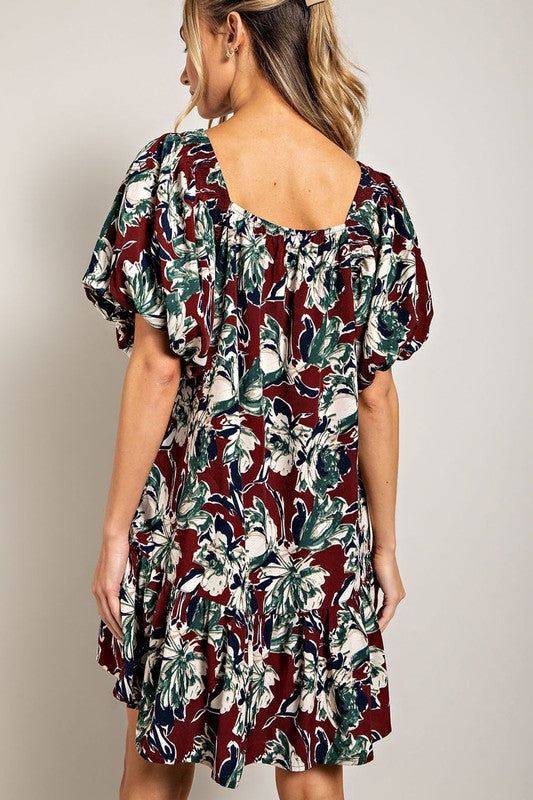 Floral Square Neck Puff Sleeve Dress-Burgundy
