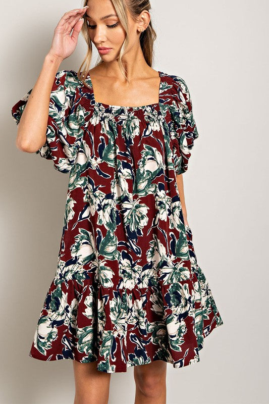 Floral Square Neck Puff Sleeve Dress-Burgundy