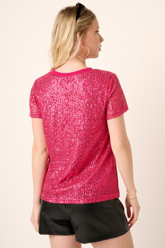 Sequin Short Sleeve Knit Top- Hot Pink
