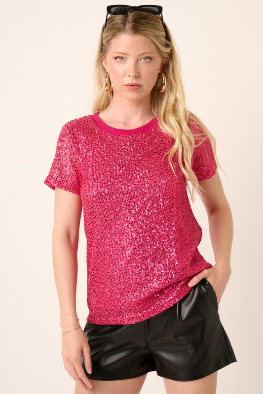 Sequin Short Sleeve Knit Top- Hot Pink