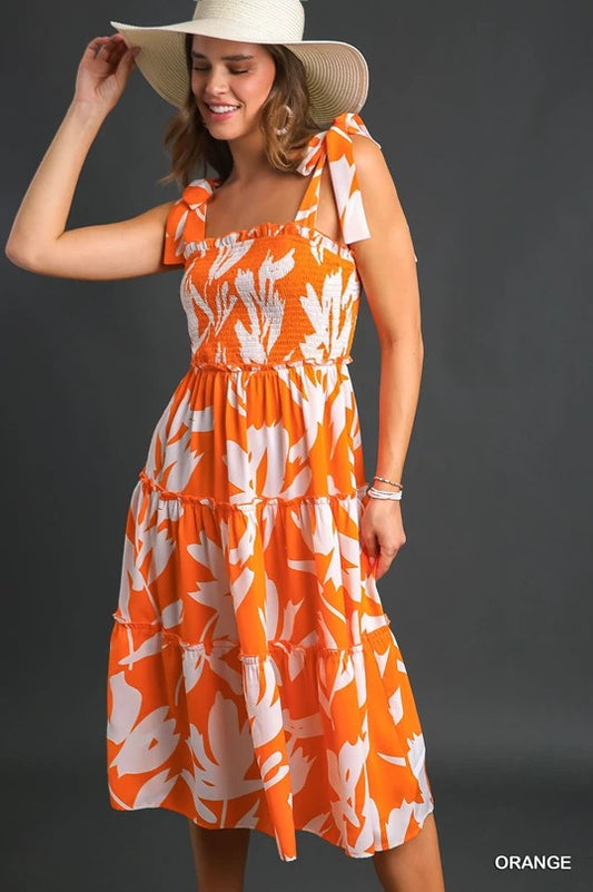 Leaf Print Smocked Tie Shoulder Tiered Midi Dress- Orange