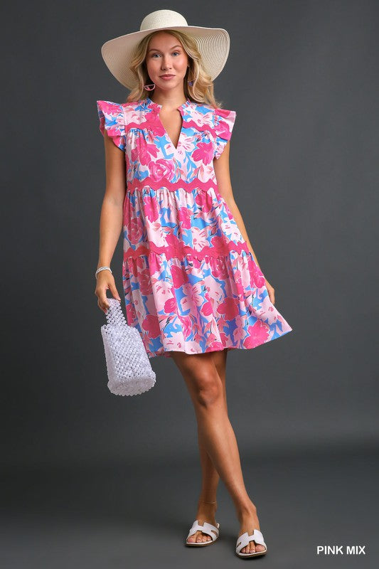Floral V-Neck Dress W/ Tiered Ric Rac Trim - Pink