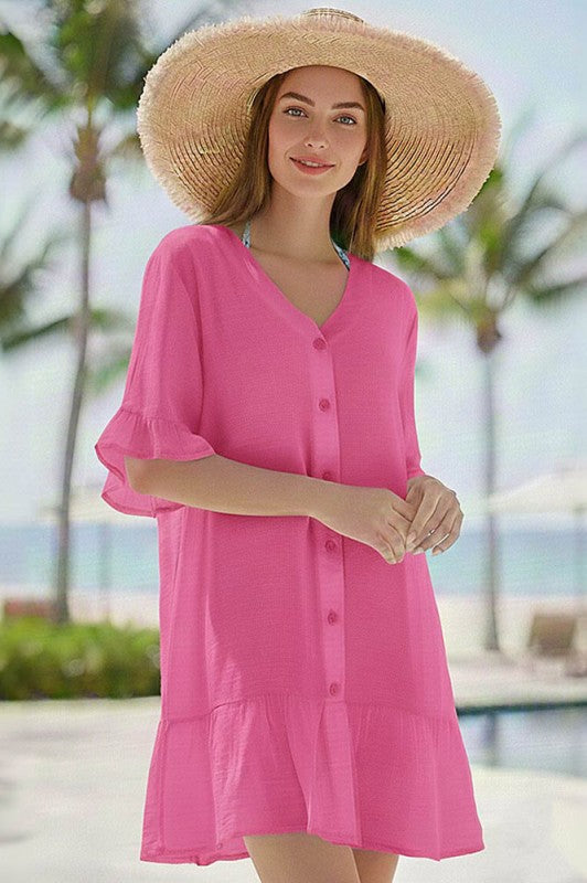Button Ruffle Hem Cover Up Dress