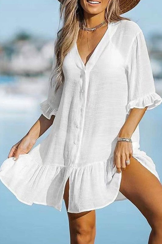 Button Ruffle Hem Cover Up Dress