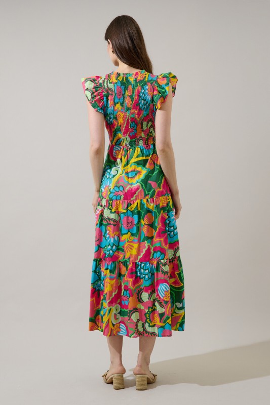 Tropics V-Neck Smocked Cap Ruffle Sleeve Maxi Dress-Green