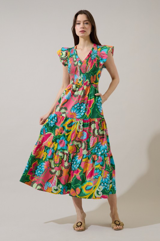 Tropics V-Neck Smocked Cap Ruffle Sleeve Maxi Dress-Green