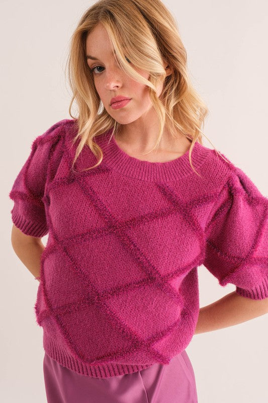 Textured Tonal Criss Cross Short Sleeve Sweater - Magenta