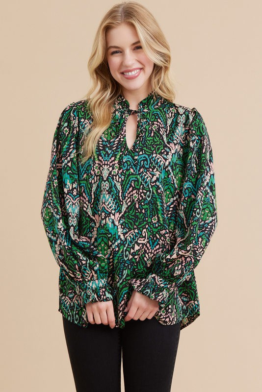 Funky Printed Poet Long Sleeve Tie Neck Top